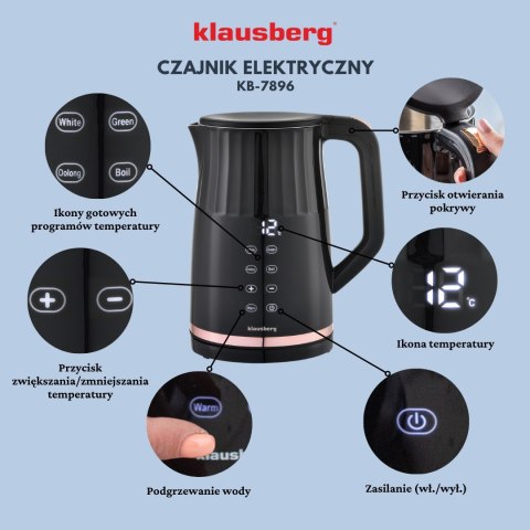 CZAJNIK ELEKTRYCZNY Z REGULACJĄ TEMPERATURY 1.7L BEZPRZEWODOWY CZARNY KLAUSBERG KB-7896 CZAJNIK ELEKTRYCZNY Z REGULACJĄ TEMPERATURY 1.7L BEZPRZEWODOWY CZARNY KLAUSBERG KB-7896