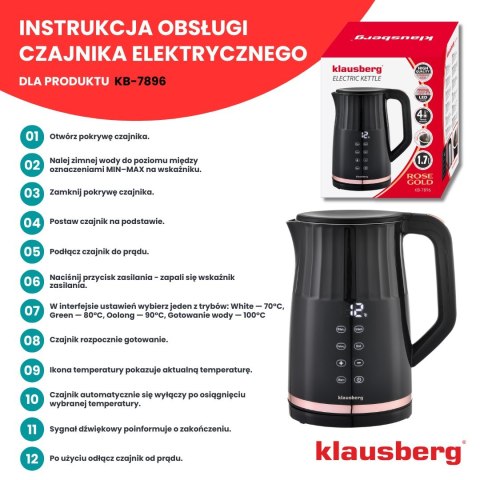 CZAJNIK ELEKTRYCZNY Z REGULACJĄ TEMPERATURY 1.7L BEZPRZEWODOWY CZARNY KLAUSBERG KB-7896 CZAJNIK ELEKTRYCZNY Z REGULACJĄ TEMPERATURY 1.7L BEZPRZEWODOWY CZARNY KLAUSBERG KB-7896