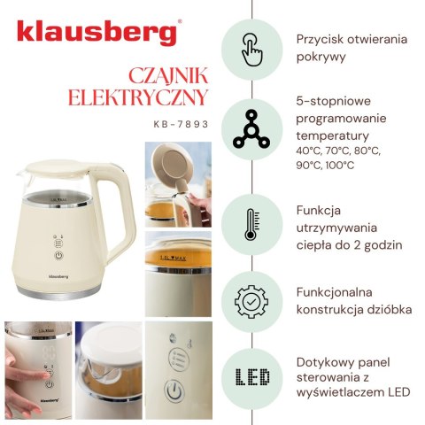CZAJNIK ELEKTRYCZNY Z REGULACJĄ TEMPERATURY MAŁY 1.0L BEZPRZEWODOWY KREMOWY KLAUSBERG KB-7893