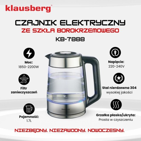 CZAJNIK ELEKTRYCZNY Z REGULACJĄ TEMPERATURY SZKLANY 1.7L KLAUSBERG KB-7888 CZAJNIK ELEKTRYCZNY Z REGULACJĄ TEMPERATURY SZKLANY 1.7L KLAUSBERG KB-7888
