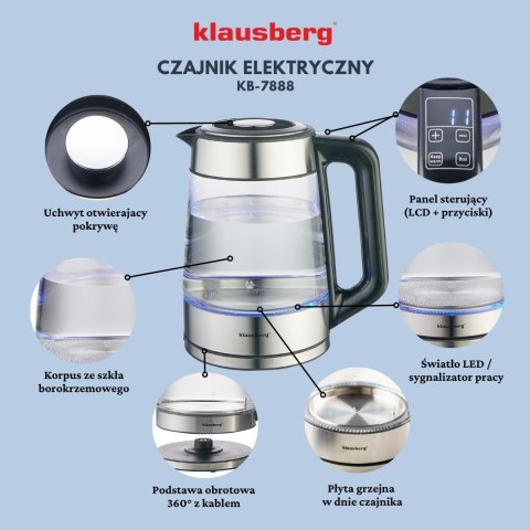 CZAJNIK ELEKTRYCZNY Z REGULACJĄ TEMPERATURY SZKLANY 1.7L KLAUSBERG KB-7888 CZAJNIK ELEKTRYCZNY Z REGULACJĄ TEMPERATURY SZKLANY 1.7L KLAUSBERG KB-7888