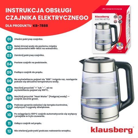 CZAJNIK ELEKTRYCZNY Z REGULACJĄ TEMPERATURY SZKLANY 1.7L KLAUSBERG KB-7888 CZAJNIK ELEKTRYCZNY Z REGULACJĄ TEMPERATURY SZKLANY 1.7L KLAUSBERG KB-7888