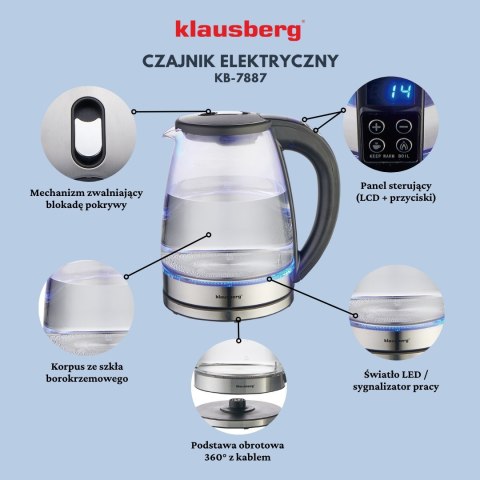 CZAJNIK ELEKTRYCZNY Z REGULACJĄ TEMPERATURY SZKLANY 1.8L KLAUSBERG KB-7887