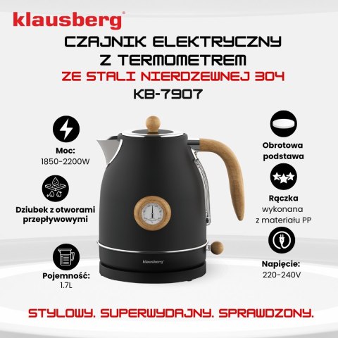 CZAJNIK ELEKTRYCZNY Z TERMOMETREM STAL NIERDZEWNA 1.7L 2200W KLAUSBERG KB-7907 CZARNY CZAJNIK ELEKTRYCZNY Z TERMOMETREM STAL NIERDZEWNA 1.7L 2200W KLAUSBERG KB-7907 CZARNY