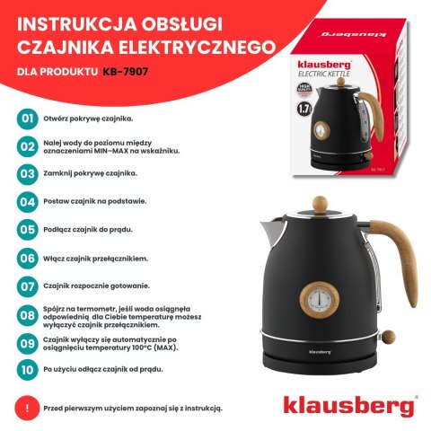 CZAJNIK ELEKTRYCZNY Z TERMOMETREM STAL NIERDZEWNA 1.7L 2200W KLAUSBERG KB-7907 CZARNY CZAJNIK ELEKTRYCZNY Z TERMOMETREM STAL NIERDZEWNA 1.7L 2200W KLAUSBERG KB-7907 CZARNY
