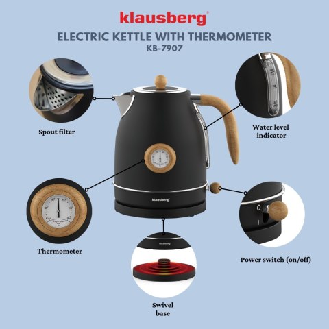 CZAJNIK ELEKTRYCZNY Z TERMOMETREM STAL NIERDZEWNA 1.7L 2200W KLAUSBERG KB-7907 CZARNY CZAJNIK ELEKTRYCZNY Z TERMOMETREM STAL NIERDZEWNA 1.7L 2200W KLAUSBERG KB-7907 CZARNY