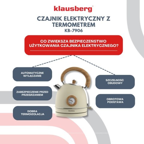 CZAJNIK ELEKTRYCZNY Z TERMOMETREM STAL NIERDZEWNA 1.8L 2200W KLAUSBERG KB-7905 BEŻOWY CZAJNIK ELEKTRYCZNY Z TERMOMETREM STAL NIERDZEWNA 1.8L 2200W KLAUSBERG KB-7905 BEŻOWY