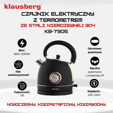 CZAJNIK ELEKTRYCZNY Z TERMOMETREM STAL NIERDZEWNA 1.8L 2200W KLAUSBERG KB-7905 CZARNY/ROSE GOLD CZAJNIK ELEKTRYCZNY Z TERMOMETREM STAL NIERDZEWNA 1.8L 2200W KLAUSBERG KB-7905 CZARNY/ROSE GOLD