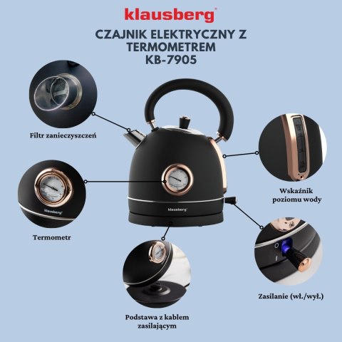 CZAJNIK ELEKTRYCZNY Z TERMOMETREM STAL NIERDZEWNA 1.8L 2200W KLAUSBERG KB-7905 CZARNY/ROSE GOLD CZAJNIK ELEKTRYCZNY Z TERMOMETREM STAL NIERDZEWNA 1.8L 2200W KLAUSBERG KB-7905 CZARNY/ROSE GOLD