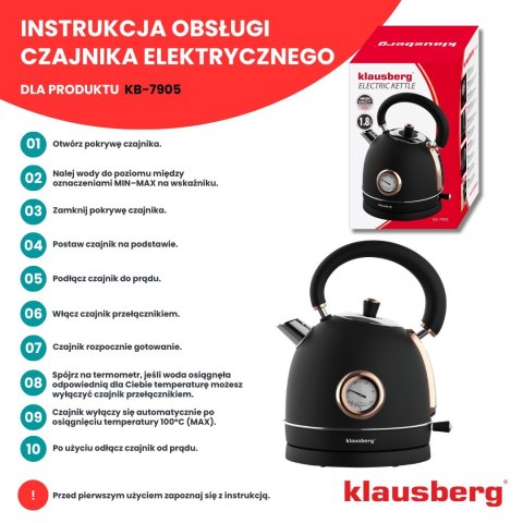 CZAJNIK ELEKTRYCZNY Z TERMOMETREM STAL NIERDZEWNA 1.8L 2200W KLAUSBERG KB-7905 CZARNY/ROSE GOLD CZAJNIK ELEKTRYCZNY Z TERMOMETREM STAL NIERDZEWNA 1.8L 2200W KLAUSBERG KB-7905 CZARNY/ROSE GOLD