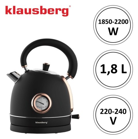 CZAJNIK ELEKTRYCZNY Z TERMOMETREM STAL NIERDZEWNA 1.8L 2200W KLAUSBERG KB-7905 CZARNY/ROSE GOLD CZAJNIK ELEKTRYCZNY Z TERMOMETREM STAL NIERDZEWNA 1.8L 2200W KLAUSBERG KB-7905 CZARNY/ROSE GOLD