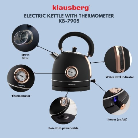 CZAJNIK ELEKTRYCZNY Z TERMOMETREM STAL NIERDZEWNA 1.8L 2200W KLAUSBERG KB-7905 CZARNY/ROSE GOLD CZAJNIK ELEKTRYCZNY Z TERMOMETREM STAL NIERDZEWNA 1.8L 2200W KLAUSBERG KB-7905 CZARNY/ROSE GOLD