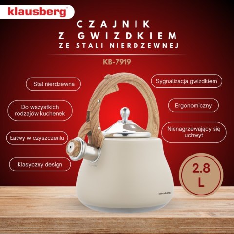 CZAJNIK STALOWY NA GAZ 2.8L INDUKCJA BEŻOWY MATOWY KLAUSBERG KB-7919