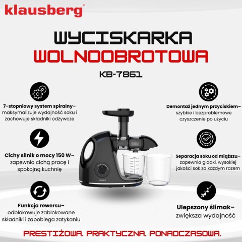 SOKOWIRÓWKA WOLNOOBROTOWA 150W DO OWOCÓW I WARZYW COLD PRESS KLAUSBERG KB-7861 SOKOWIRÓWKA WOLNOOBROTOWA 150W DO OWOCÓW I WARZYW COLD PRESS KLAUSBERG KB-7861
