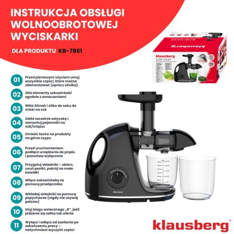SOKOWIRÓWKA WOLNOOBROTOWA 150W DO OWOCÓW I WARZYW COLD PRESS KLAUSBERG KB-7861 SOKOWIRÓWKA WOLNOOBROTOWA 150W DO OWOCÓW I WARZYW COLD PRESS KLAUSBERG KB-7861