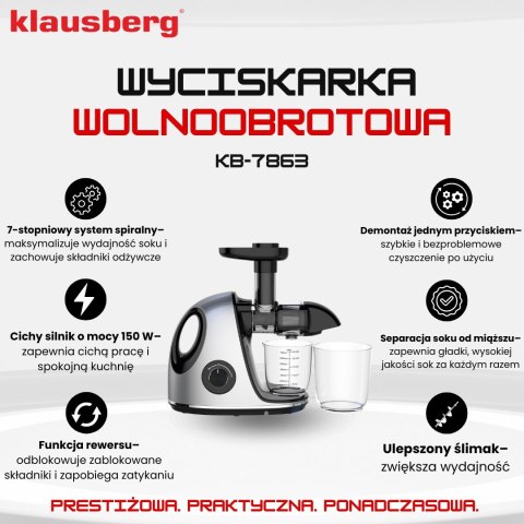 SOKOWIRÓWKA WOLNOOBROTOWA 150W DO OWOCÓW I WARZYW COLD PRESS KLAUSBERG KB-7863 SOKOWIRÓWKA WOLNOOBROTOWA 150W DO OWOCÓW I WARZYW COLD PRESS KLAUSBERG KB-7863