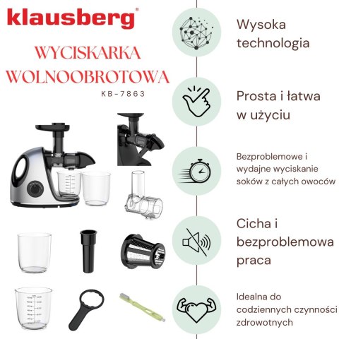 SOKOWIRÓWKA WOLNOOBROTOWA 150W DO OWOCÓW I WARZYW COLD PRESS KLAUSBERG KB-7863 SOKOWIRÓWKA WOLNOOBROTOWA 150W DO OWOCÓW I WARZYW COLD PRESS KLAUSBERG KB-7863