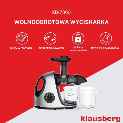 SOKOWIRÓWKA WOLNOOBROTOWA 150W DO OWOCÓW I WARZYW COLD PRESS KLAUSBERG KB-7863 SOKOWIRÓWKA WOLNOOBROTOWA 150W DO OWOCÓW I WARZYW COLD PRESS KLAUSBERG KB-7863