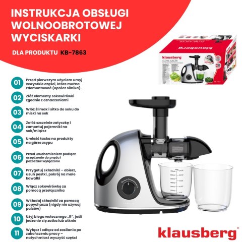 SOKOWIRÓWKA WOLNOOBROTOWA 150W DO OWOCÓW I WARZYW COLD PRESS KLAUSBERG KB-7863 SOKOWIRÓWKA WOLNOOBROTOWA 150W DO OWOCÓW I WARZYW COLD PRESS KLAUSBERG KB-7863