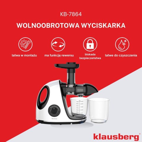 SOKOWIRÓWKA WOLNOOBROTOWA 150W DO OWOCÓW I WARZYW COLD PRESS KLAUSBERG KB-7864 SOKOWIRÓWKA WOLNOOBROTOWA 150W DO OWOCÓW I WARZYW COLD PRESS KLAUSBERG KB-7864