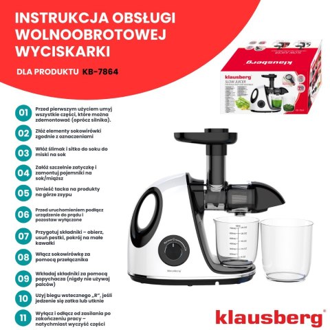SOKOWIRÓWKA WOLNOOBROTOWA 150W DO OWOCÓW I WARZYW COLD PRESS KLAUSBERG KB-7864 SOKOWIRÓWKA WOLNOOBROTOWA 150W DO OWOCÓW I WARZYW COLD PRESS KLAUSBERG KB-7864