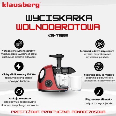 SOKOWIRÓWKA WOLNOOBROTOWA 150W DO OWOCÓW I WARZYW COLD PRESS KLAUSBERG KB-7865 SOKOWIRÓWKA WOLNOOBROTOWA 150W DO OWOCÓW I WARZYW COLD PRESS KLAUSBERG KB-7865