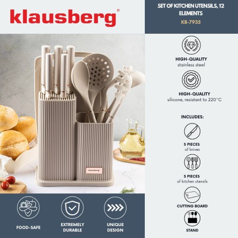 ZESTAW NOŻY KUCHENNYCH W BLOKU Z PRZYBORAMI KUCHENNYMI I DESKĄ DO KROJENIA 12-ELE KLAUSBERG KB-7935 ZESTAW NOŻY KUCHENNYCH W BLOKU Z PRZYBORAMI KUCHENNYMI I DESKĄ DO KROJENIA 12-ELE KLAUSBERG KB-7935