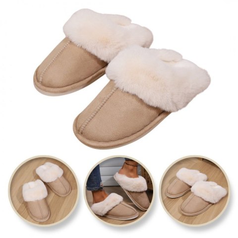 Ciepłe kapcie ocieplane beżowe z futerkiem, antypoślizgowe PAN01R38, rozmiar 38