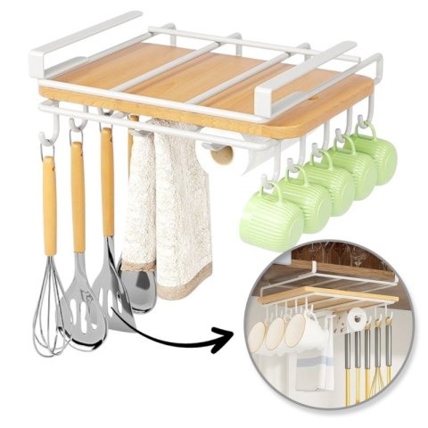 Półka, uchwyt podwieszany do szafki, organizer kuchenny z haczykami, biały OR116B