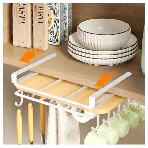 Półka, uchwyt podwieszany do szafki, organizer kuchenny z haczykami, biały OR116B