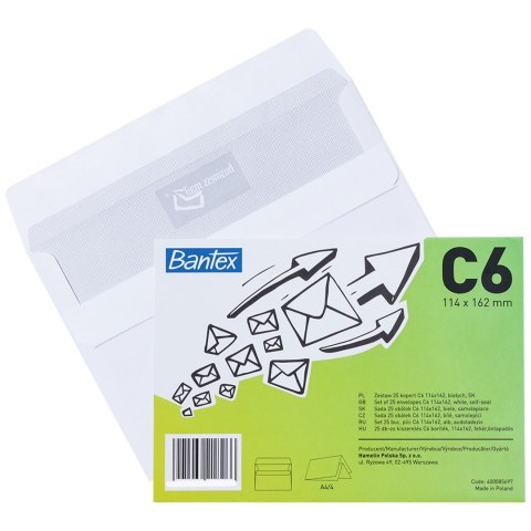 Koperta C6 Biała SK 114x162mm BANTEX 50 szt. Koperta C6 Biała SK 114x162mm BANTEX 50 szt.