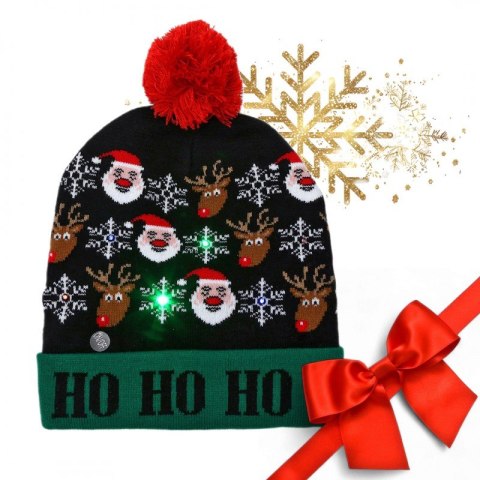 Czapka świąteczna świecąca LED z pomponem, HO HO HO Boże Narodzenie CZ52