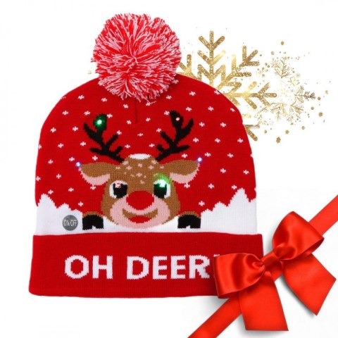 Czapka świąteczna świecąca LED z pomponem, renifer Boże Narodzenie CZ50