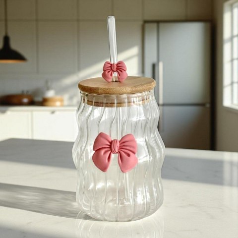 Szklanka z falowanymi ściankami KOKARDA 450 ml ze słomką i pokrywką SZK183