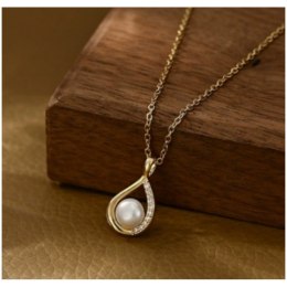 Naszyjnik stal szlachetna pozłacana 14k złotem - perła, cyrkonie NST2204