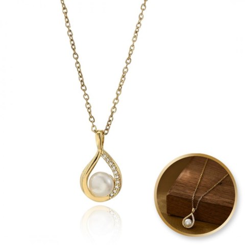 Naszyjnik stal szlachetna pozłacana 14k złotem - perła, cyrkonie NST2204