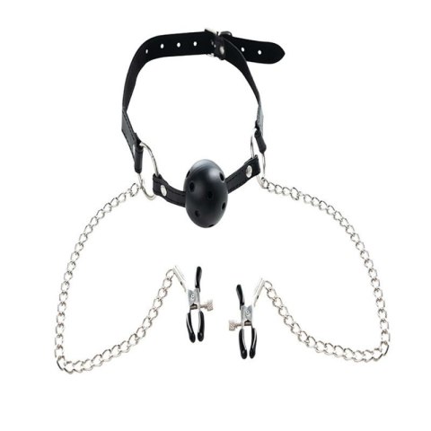 Breathable ball gag with adjustable nipple
clamps. Breathable ball gag with adjustable nipple
clamps.