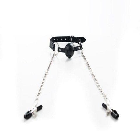Breathable ball gag with adjustable nipple
clamps. Breathable ball gag with adjustable nipple
clamps.