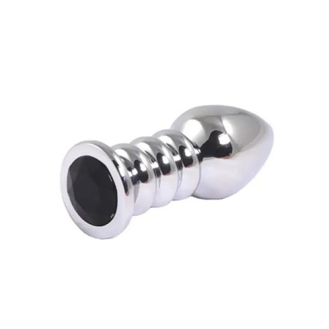 Silver large ribbed butt plug with black crystal Silver large ribbed butt plug with black crystal