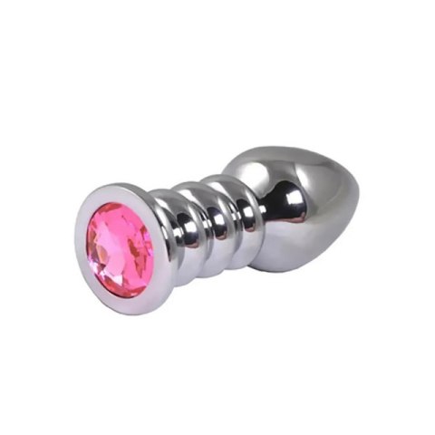 Silver large ribbed butt plug with pink crystal Silver large ribbed butt plug with pink crystal