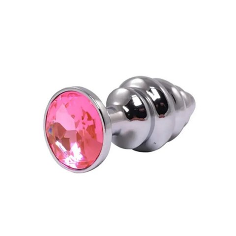 Silver medium ribbed butt plug with pink crystal Silver medium ribbed butt plug with pink crystal