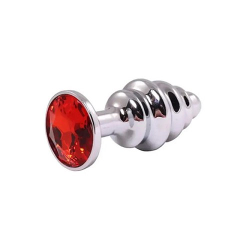 Silver medium ribbed butt plug with red crystal Silver medium ribbed butt plug with red crystal