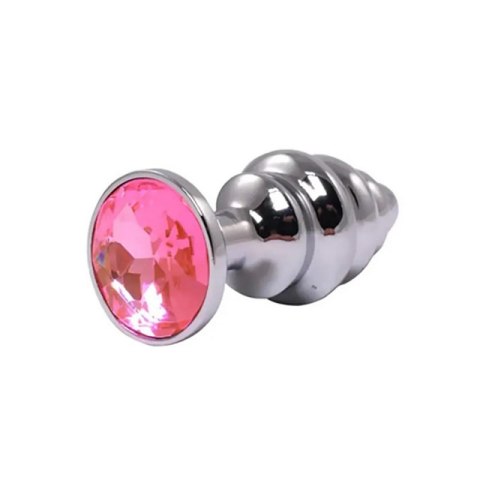 Silver small ribbed butt plug with pink crystal Silver small ribbed butt plug with pink crystal