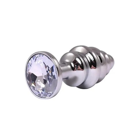 Silver small ribbed butt plug with white crystal Silver small ribbed butt plug with white crystal