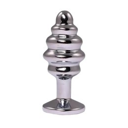 Silver small ribbed butt plug with white crystal