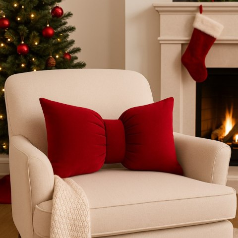 Aksamitna poduszka dekoracyjna, czerwona kokarda duża, 30x50 cm PDS23