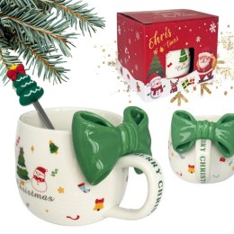 KUBEK ŚWIĄTECZNY Z KOKARDĄ - zestaw w pudełku z łyżeczką 400 ml KB25ZIE