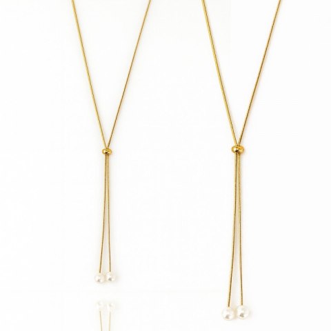 Naszyjnik stal szlachetna pozłacana 14k złotem, długi, regulowany perły NST2209