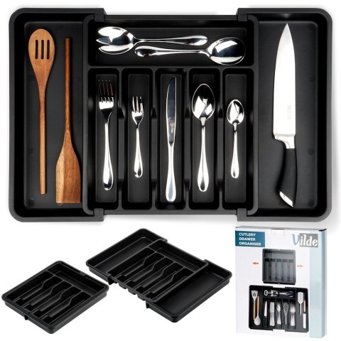 Wkład na sztućce do szuflady szuflad organizer rozsuwany czarny 33-56.5x37.5cm VILDE 229130 Wkład na sztućce do szuflady szuflad organizer rozsuwany czarny 33-56.5x37.5cm VILDE 229130