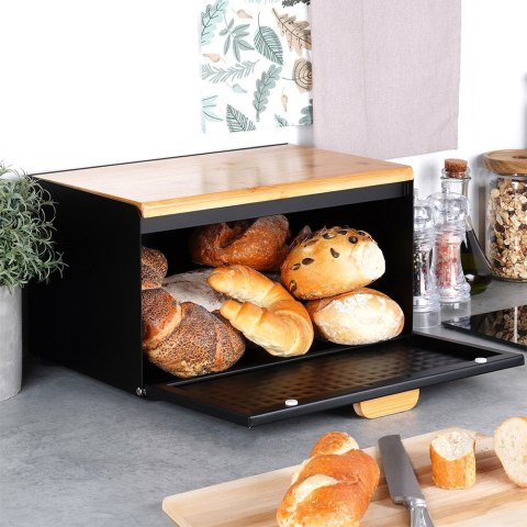 Chlebak metalowy pojemnik na chleb pieczywo drewniany czarny podwójna pokrywa 35.5x22x20.5cm VILDE 259619 Chlebak metalowy pojemnik na chleb pieczywo drewniany czarny podwójna pokrywa 35.5x22x20.5cm VILDE 259619